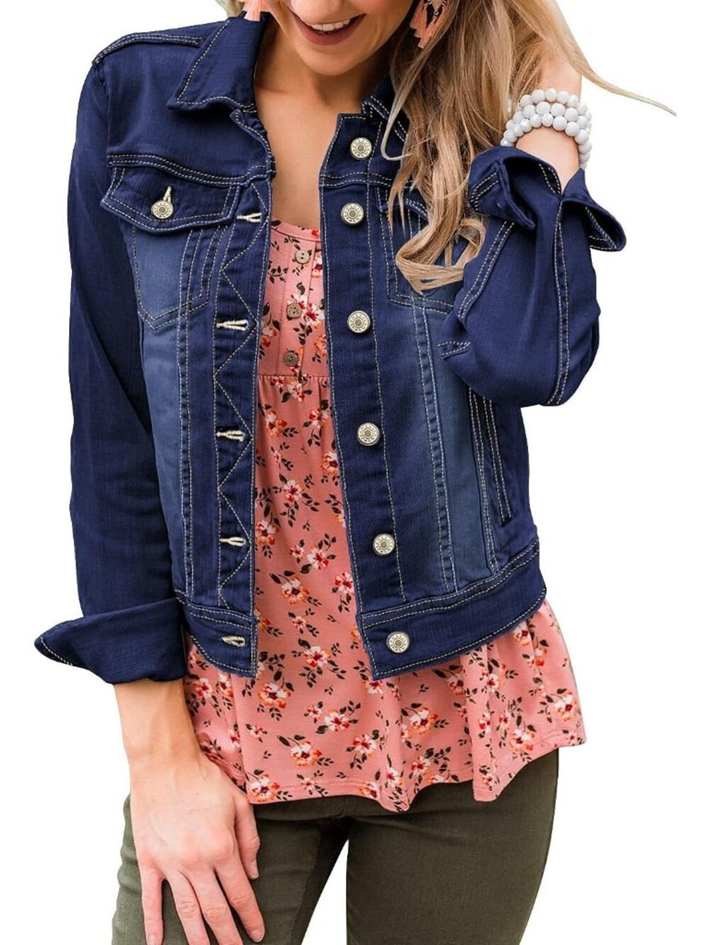 Women's Blue Long Sleeve Classic Front Button Chest Pockets Denim Jacket Casual